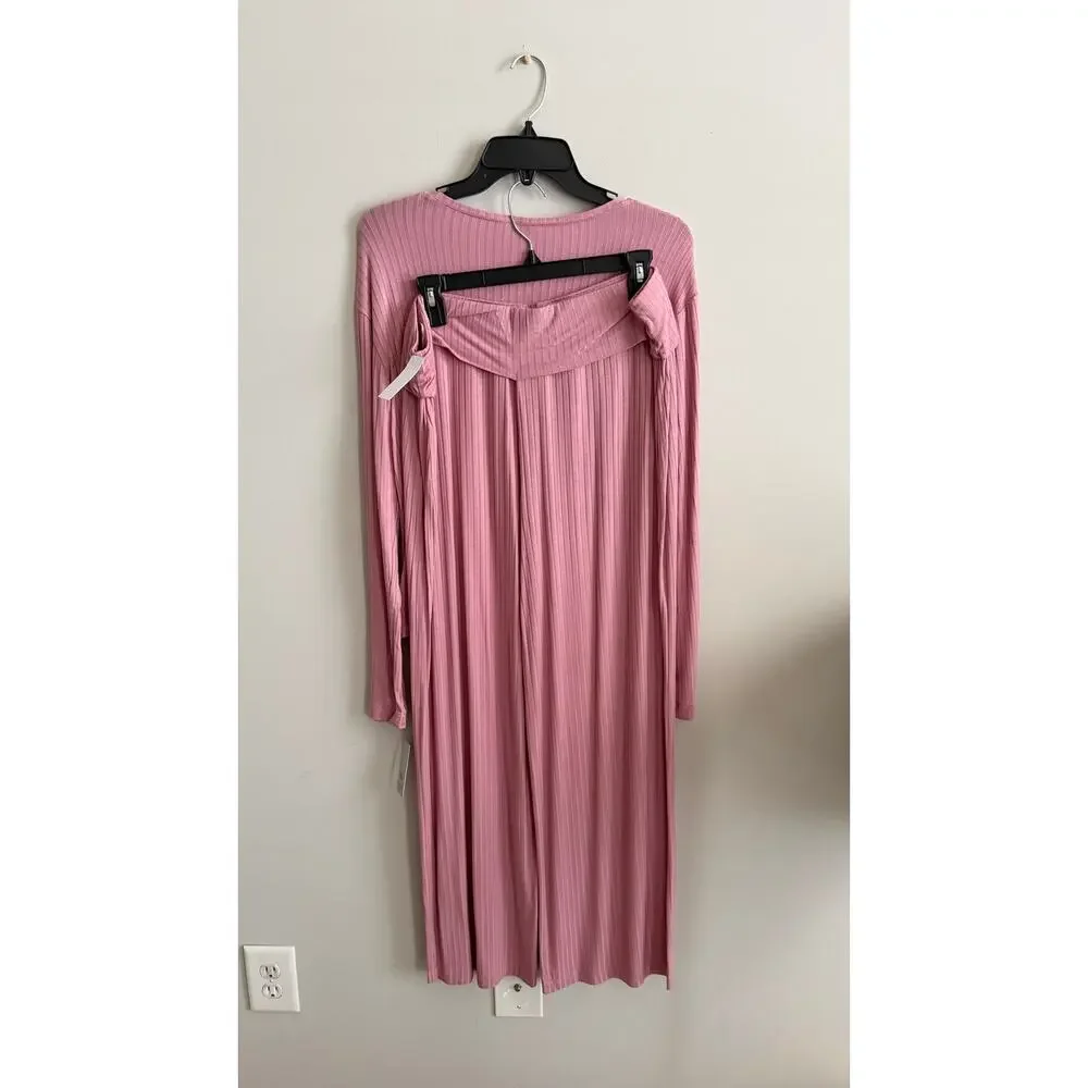 Natori Edit Skye Rib 2-Piece Lounge Set Tea Pink Top & Pants Size M Soft $68+78